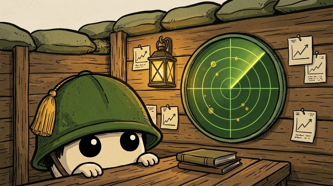 A helmet student at a desk in front of a glowing green radar screen, charts pinned to the planks