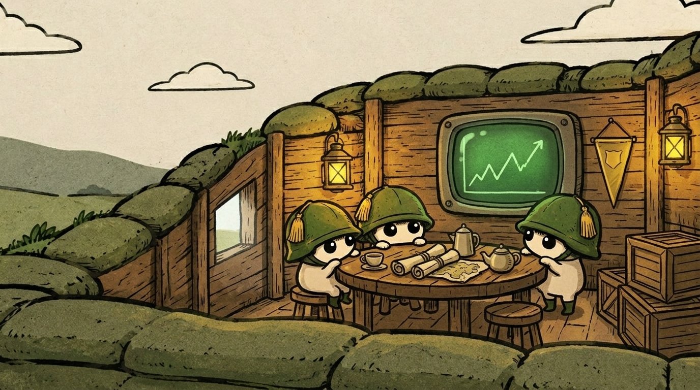 Three helmet students at a table in a lantern-lit dugout, a green chart glowing on the wall